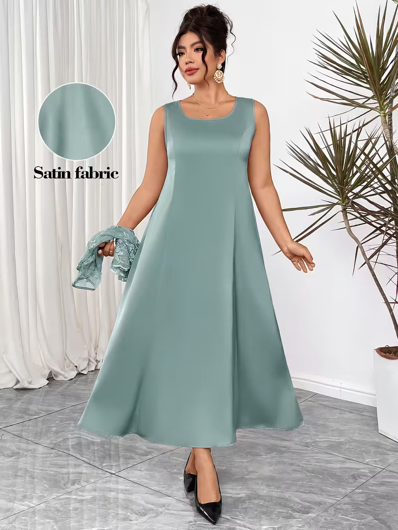 Satin Shift Dress with Matching Embroidered Jacket in Mineral Green