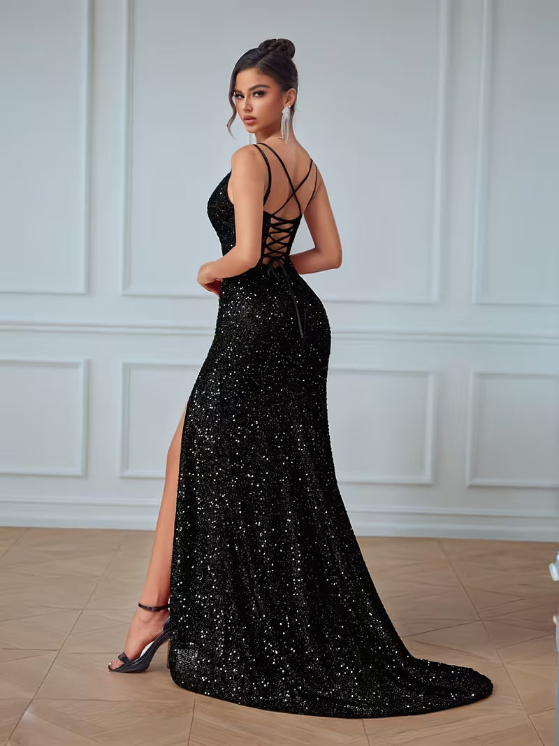 Sequin V-Neck Gown in Black