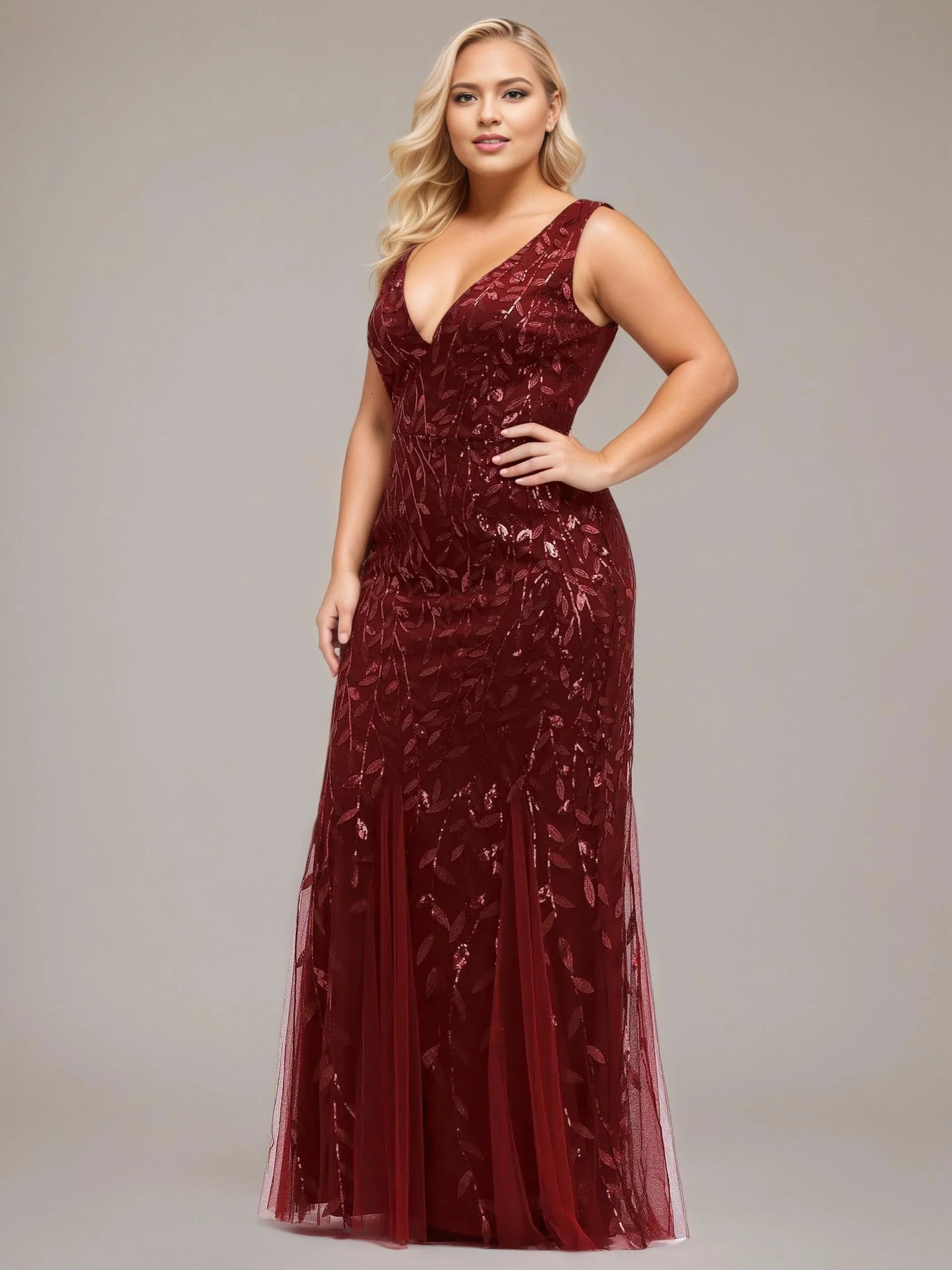 Sleeveless V-Neck Tulle Sequin Dress in Burgundy