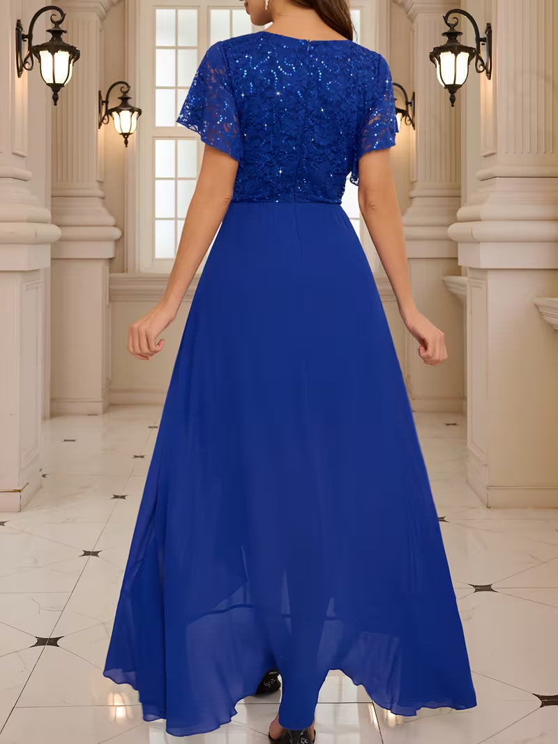 Sequin Chiffon Long Gown in Sapphire Blue