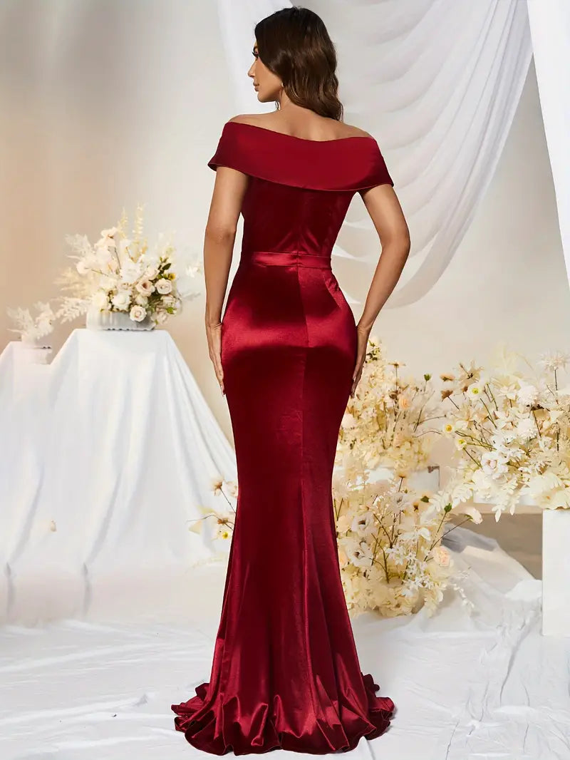 Satin Off-The-Shoulder Gown in Deep Red-CLEARANCE