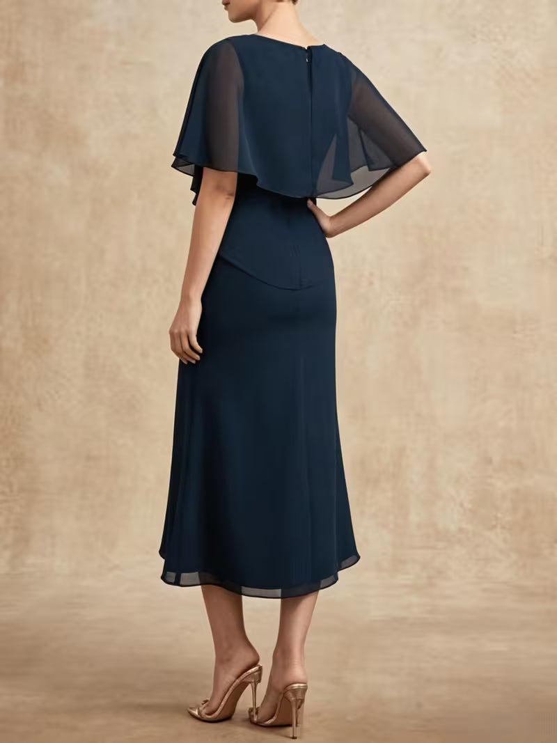 Elegant Chiffon Shawl Dress in Navy