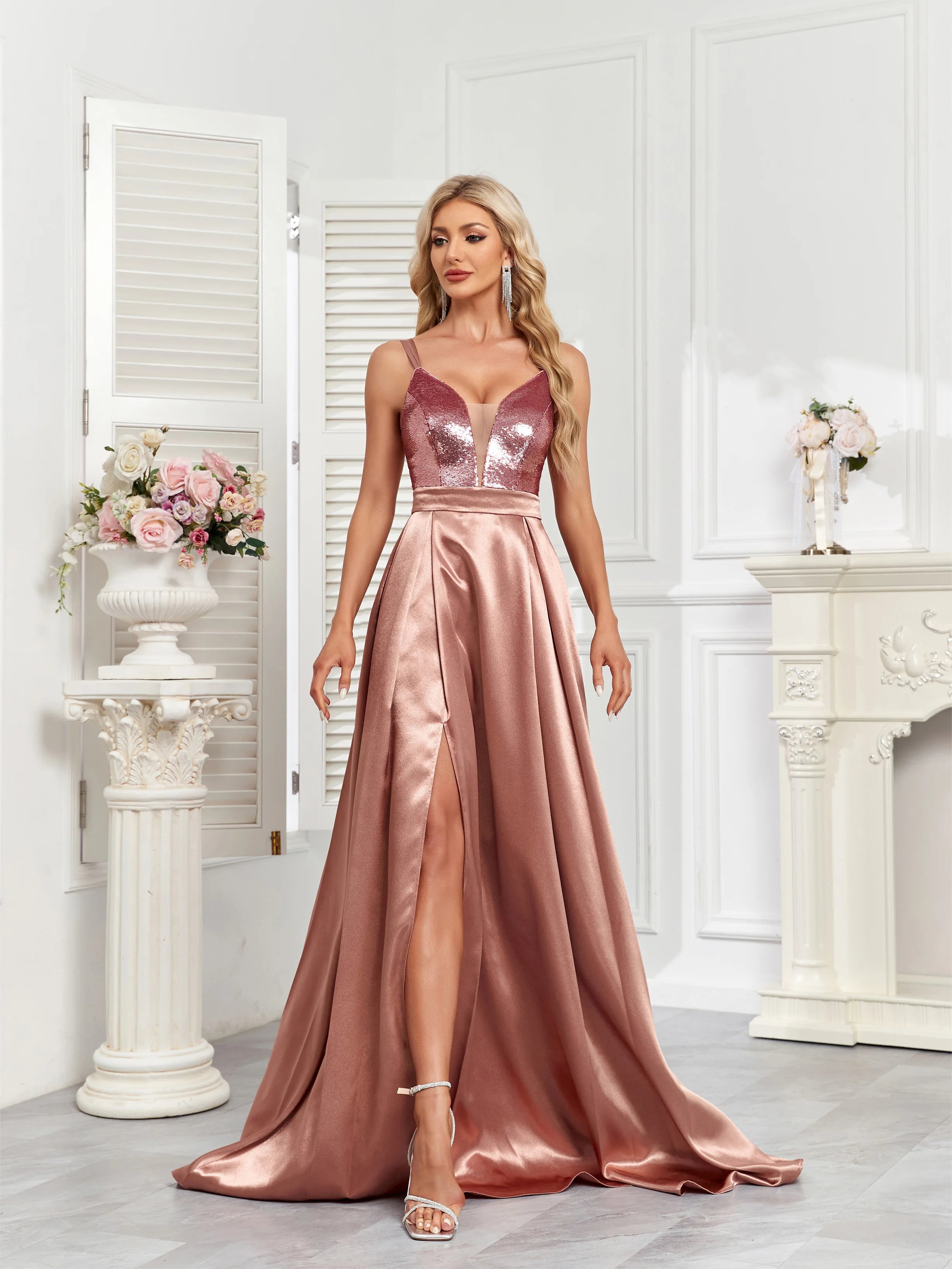V-Neck Sequin and Satin Ball Dress in Champagne