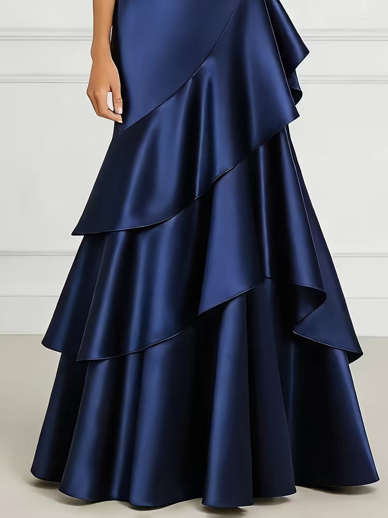 Elegant Navy one Shoulder Satin Multi-Tiered Maxi Dress