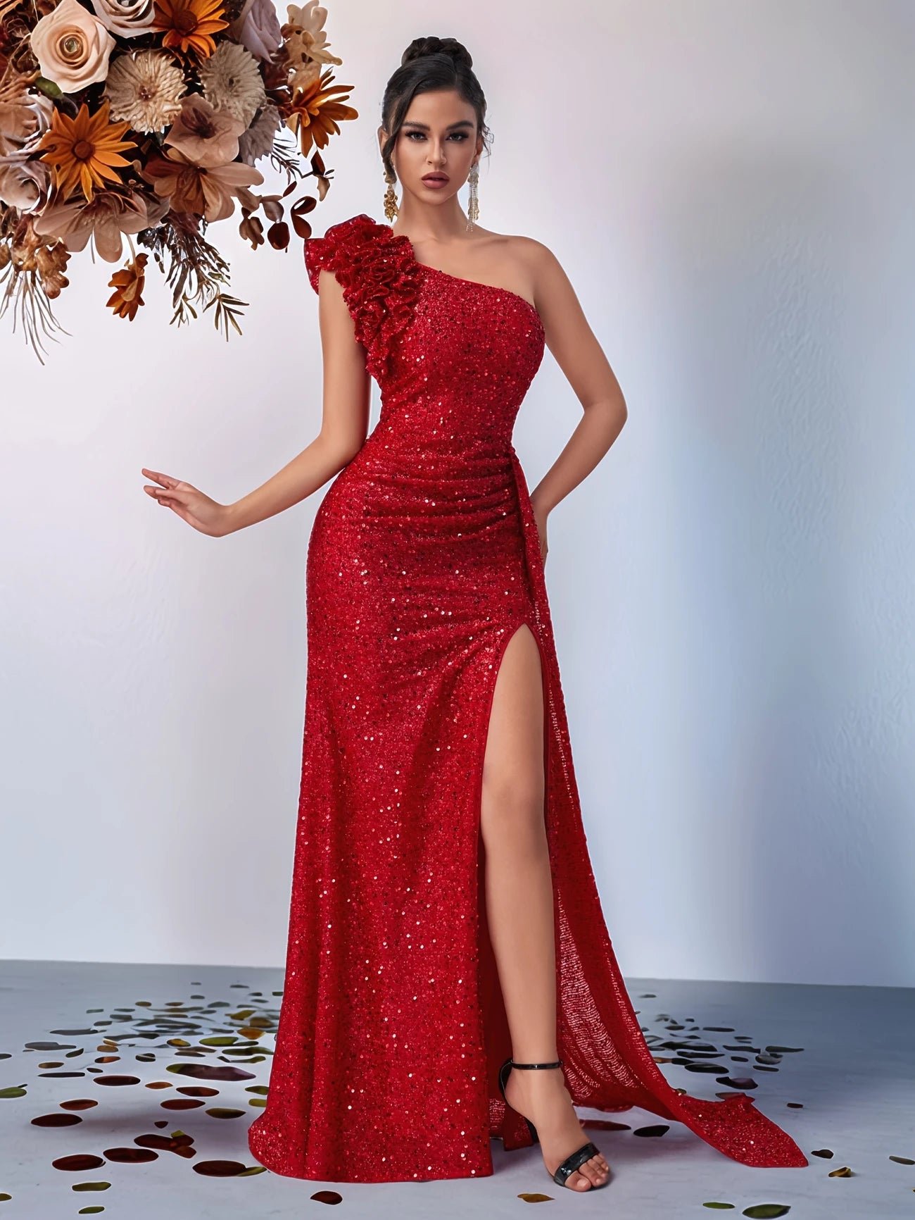 One Shoulder Sequin Gown in Red