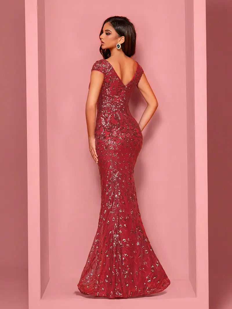 Sequin Sleeveless V Neck Gown in Red