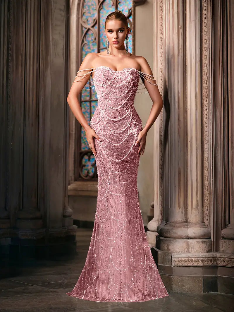 Beaded Bodycon Gown with Mermaid Tail in Dusty Pink