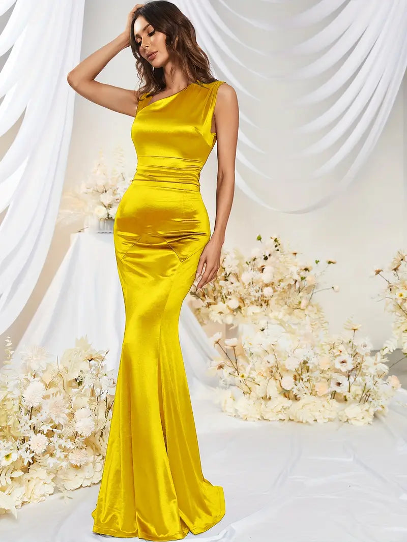 PRE ORDER Asymmetrical Neckline Satin Gown in Yellow