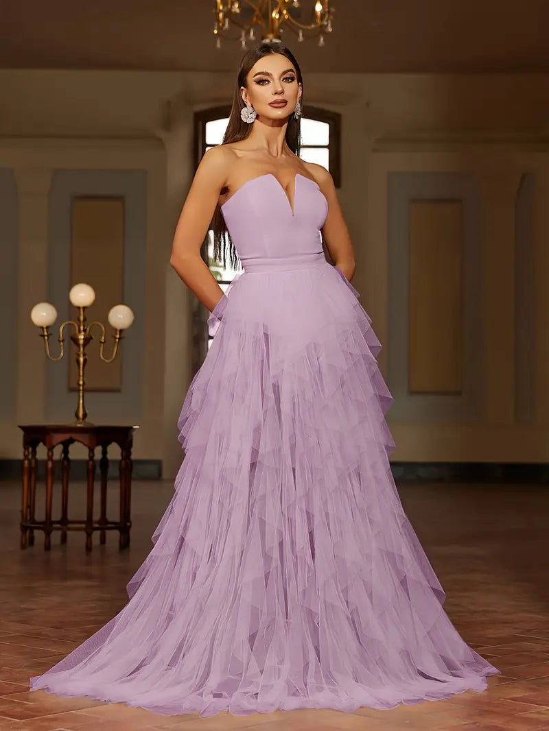 PRE-ORDER Ruffled Tulle Off the Shoulder Gown in Lavender