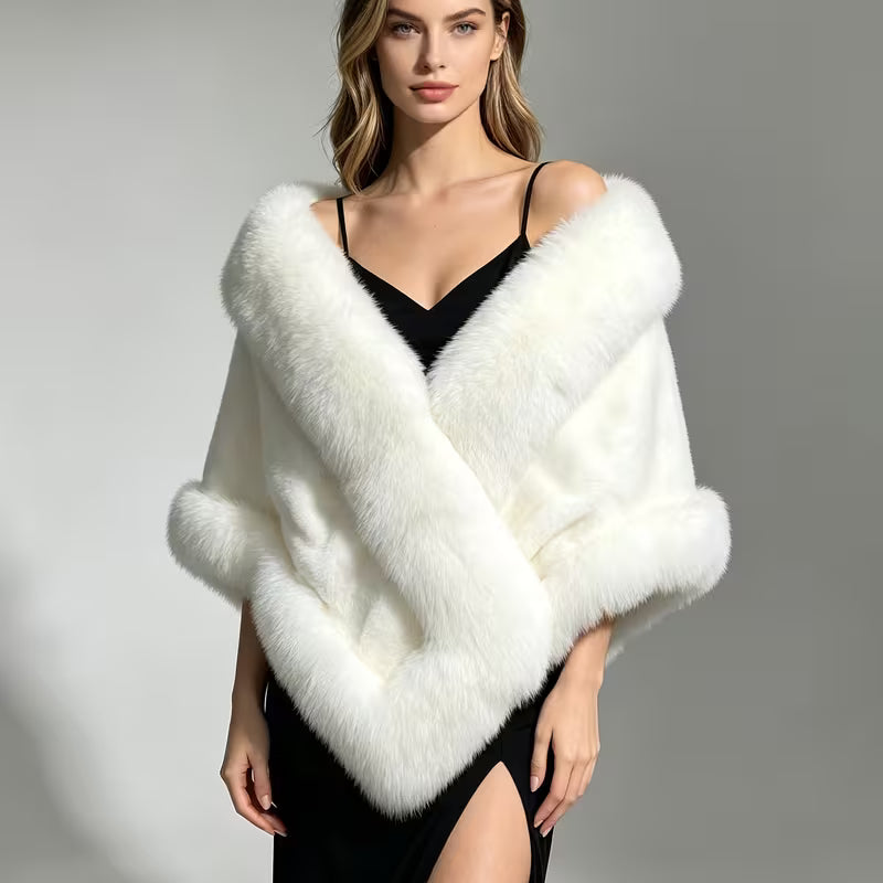 Faux Fur Cape Shawl in Winter White