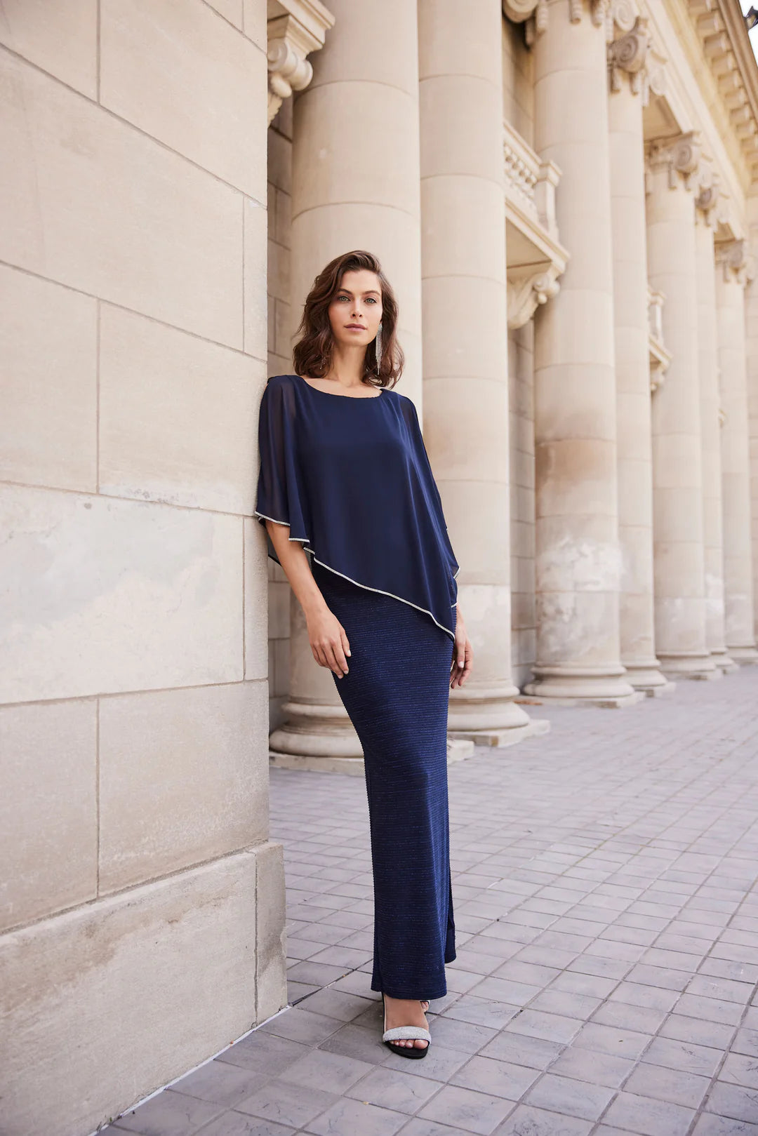 Elegant Knit Maxi Dress with Slit in Navy 179257