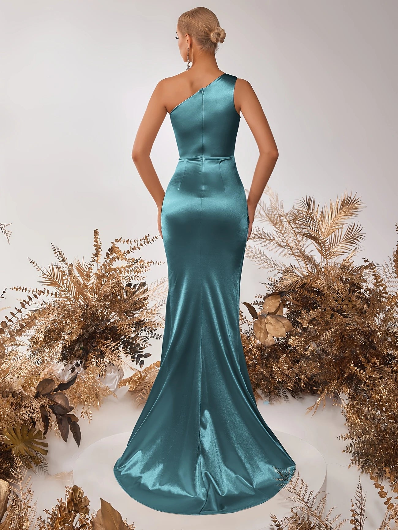One Shoulder Ruched Gown in Powder Blue