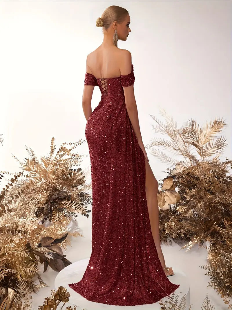 Sequin Burgundy Off the Shoulder Cross Back Dress