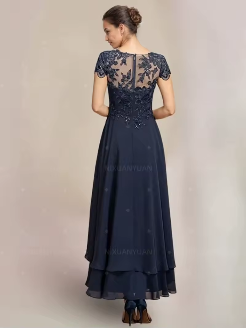Navy Lace and Chiffon Hi-Low Hem Dress