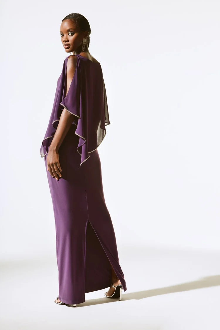 Silky Knit Chiffon Layered Gown with Cape 221385F24