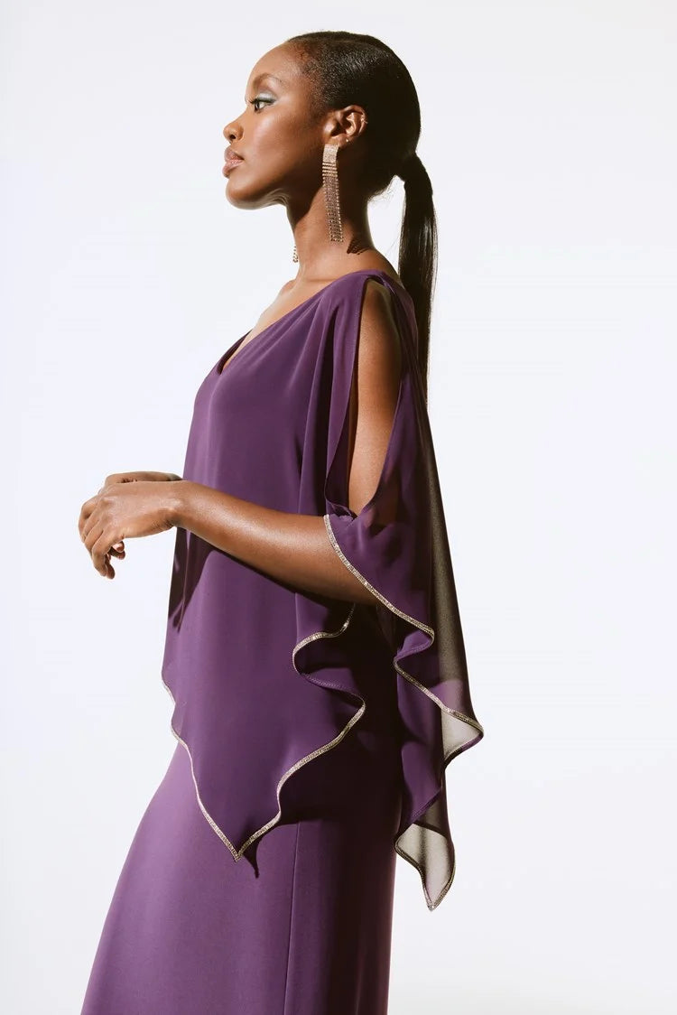 Silky Knit Chiffon Layered Gown with Cape 221385F24