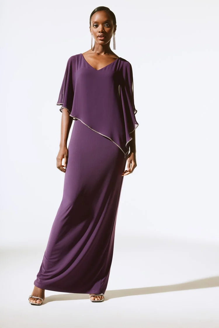 Silky Knit Chiffon Layered Gown with Cape 221385F24