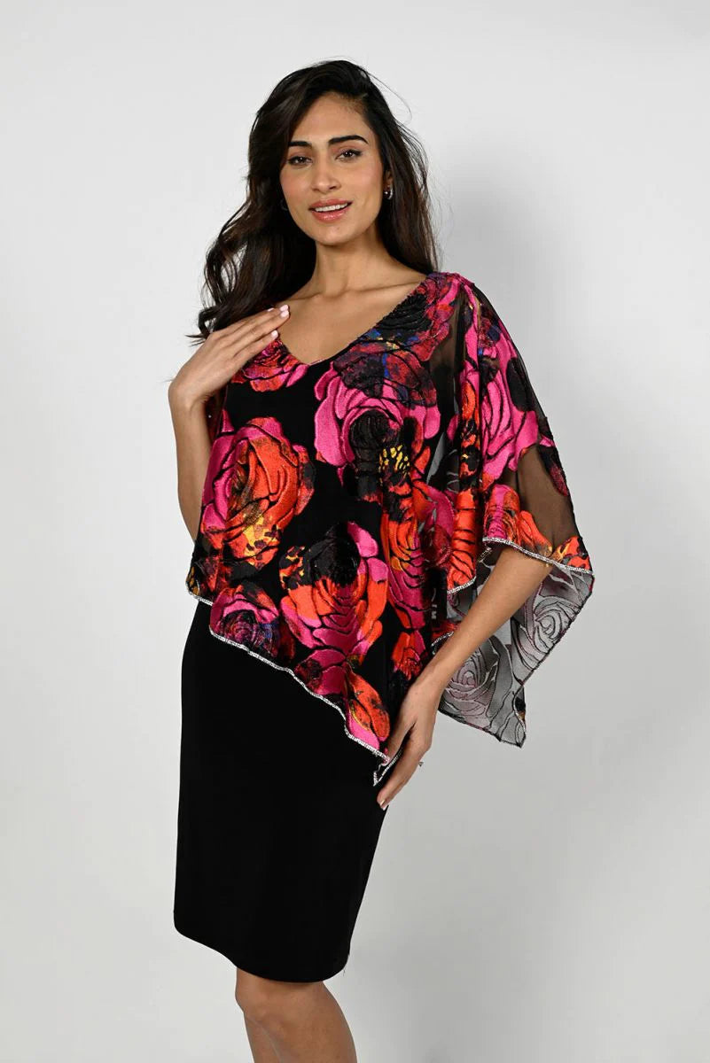 Black/Fuchsia Floral Print Velvet Dress 227171 - After Hours Boutique