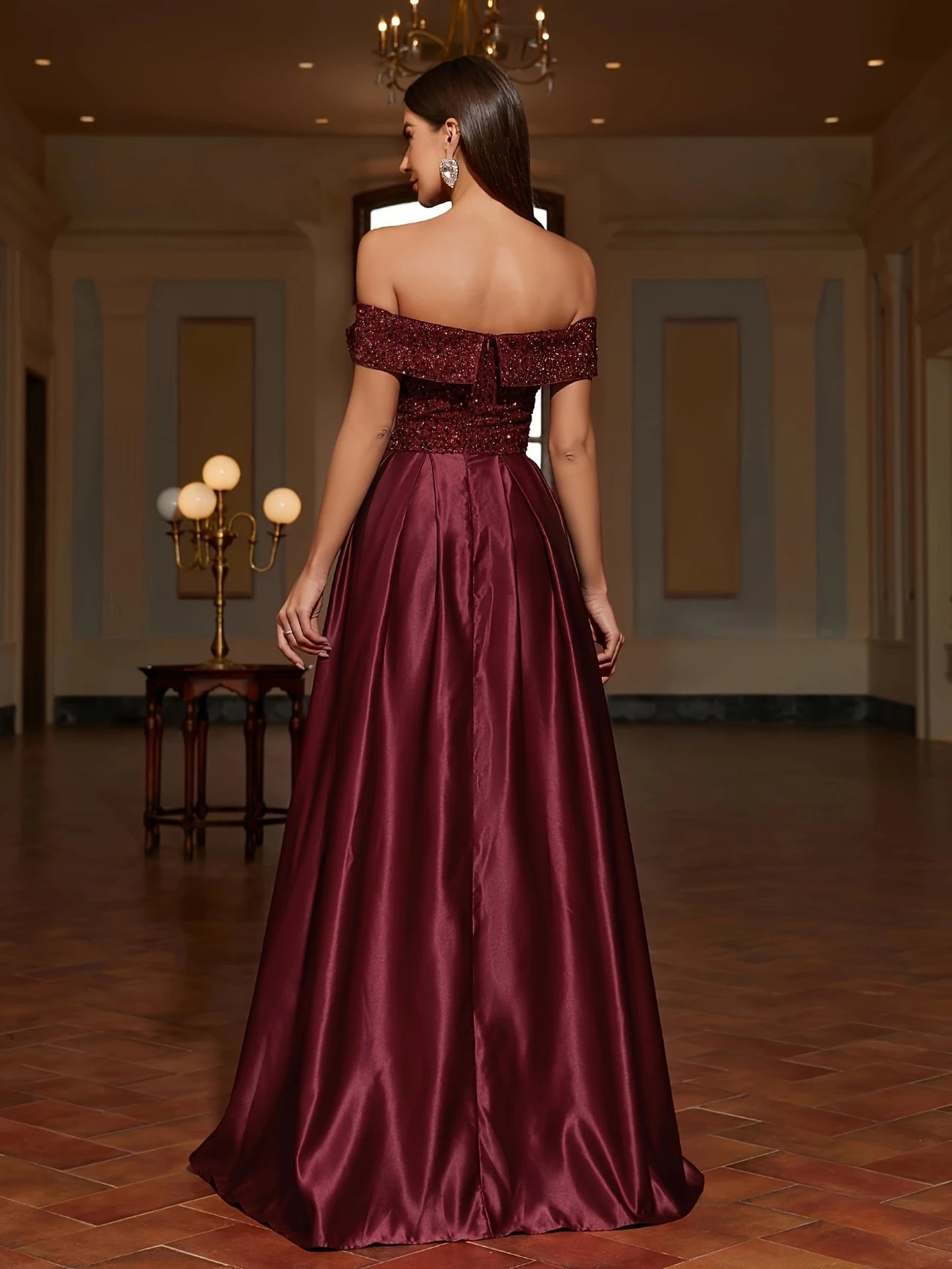 Off the Shoulder A-Line Gown in Burgundy