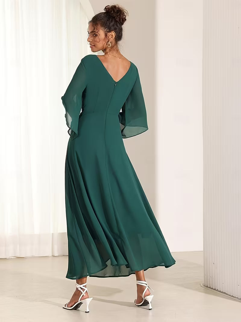 Chiffon Fit & Flare Maxi Dress in Forest Green