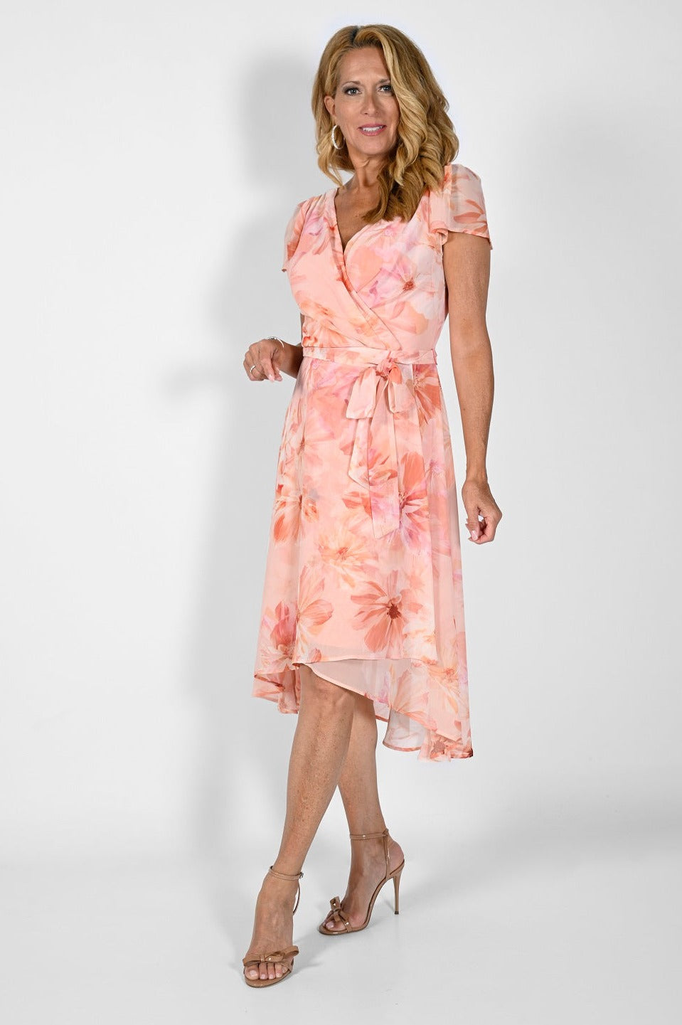 Floral Apricot Print Faux Wrap Dress 232324