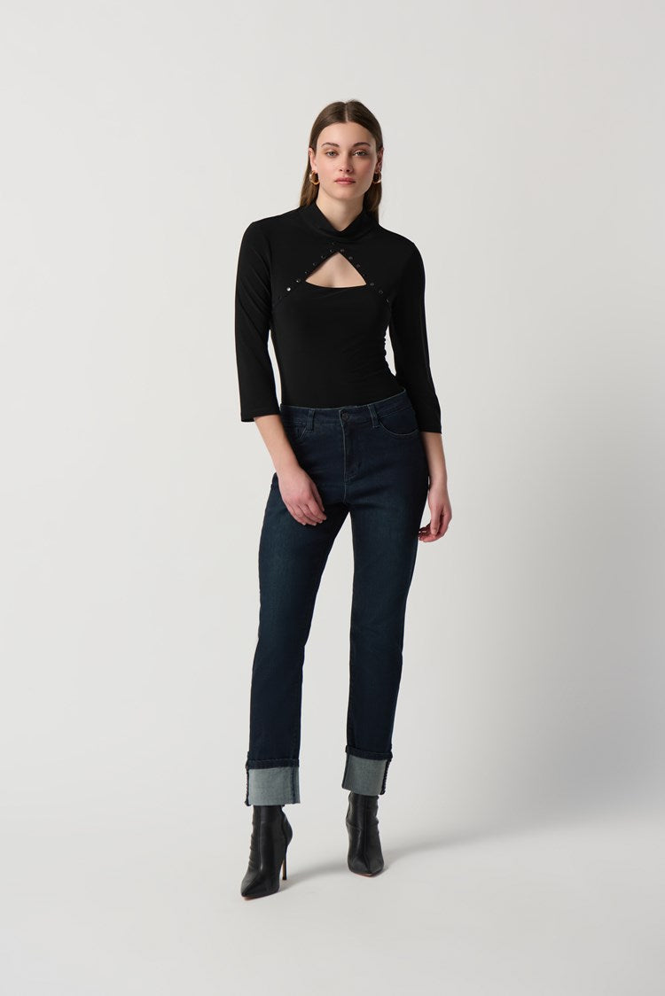 Silky Knit Top With Embellished Cutout Neckline 234195