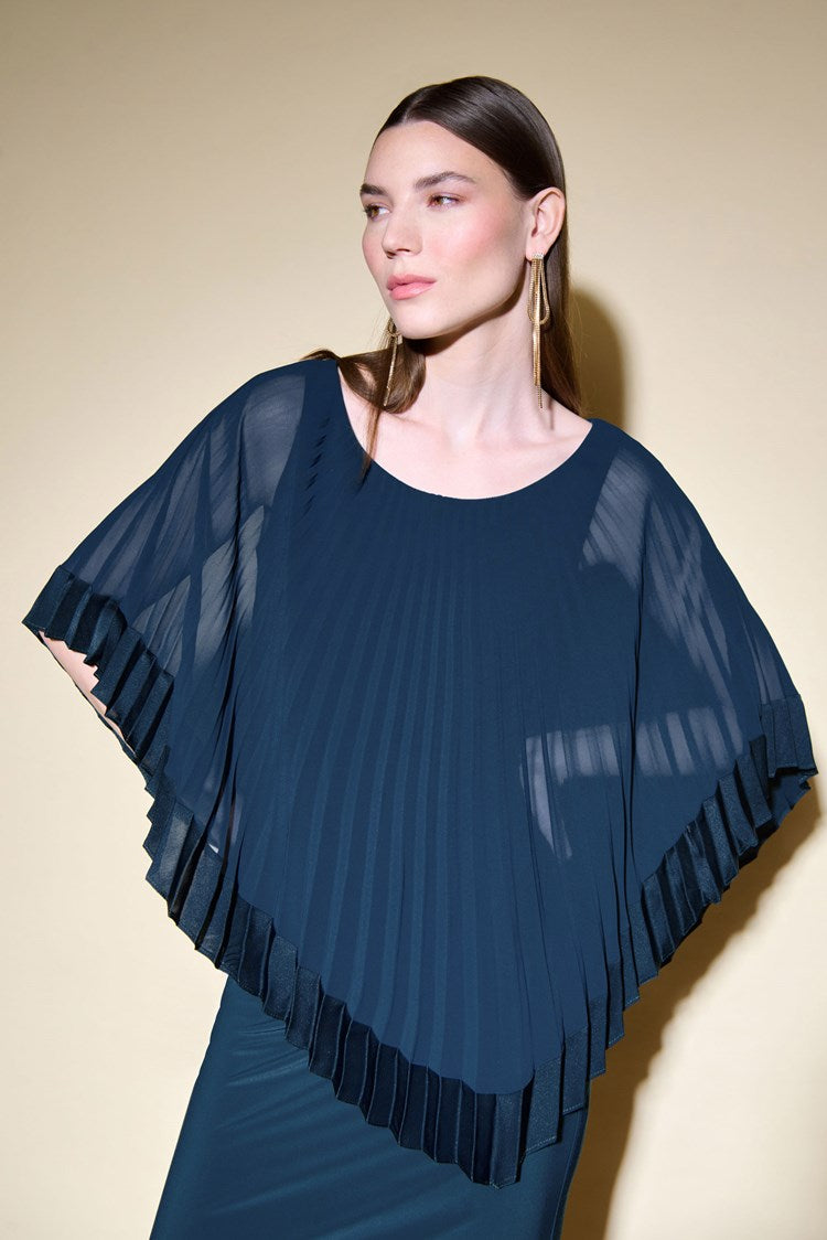 Silky Knit Sheath Dress With Chiffon Pleated Overlay in Midnight Blue 234705