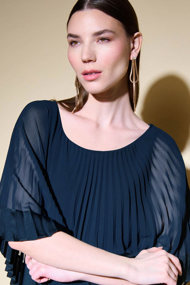 Silky Knit Sheath Dress With Chiffon Pleated Overlay in Midnight Blue 234705