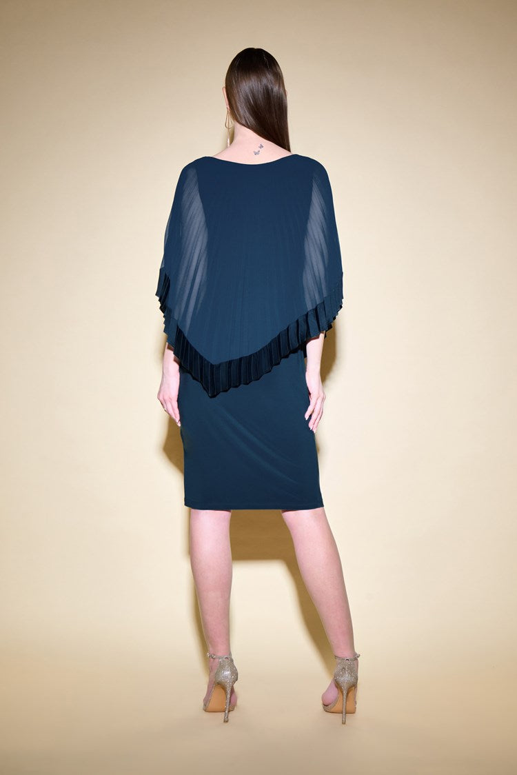 Silky Knit Sheath Dress With Chiffon Pleated Overlay in Midnight Blue 234705