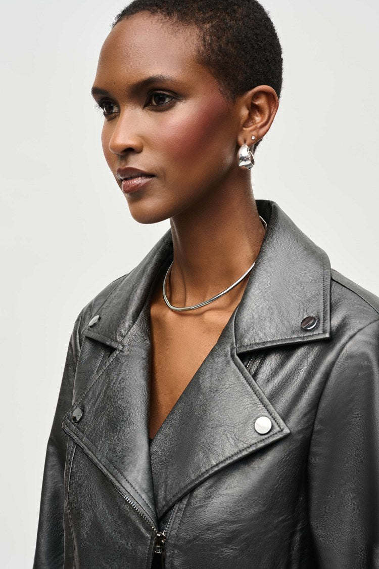 Metallic Faux Leather Biker Jacket in Gunmetal 234902F24