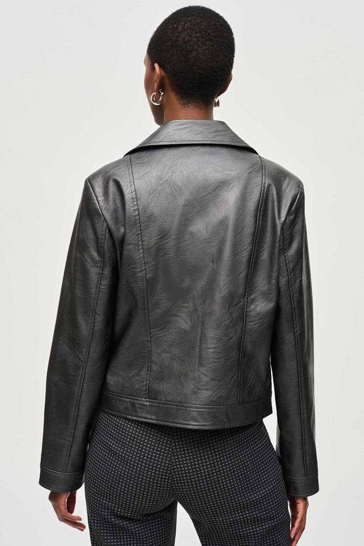 Metallic Faux Leather Biker Jacket in Gunmetal 234902F24