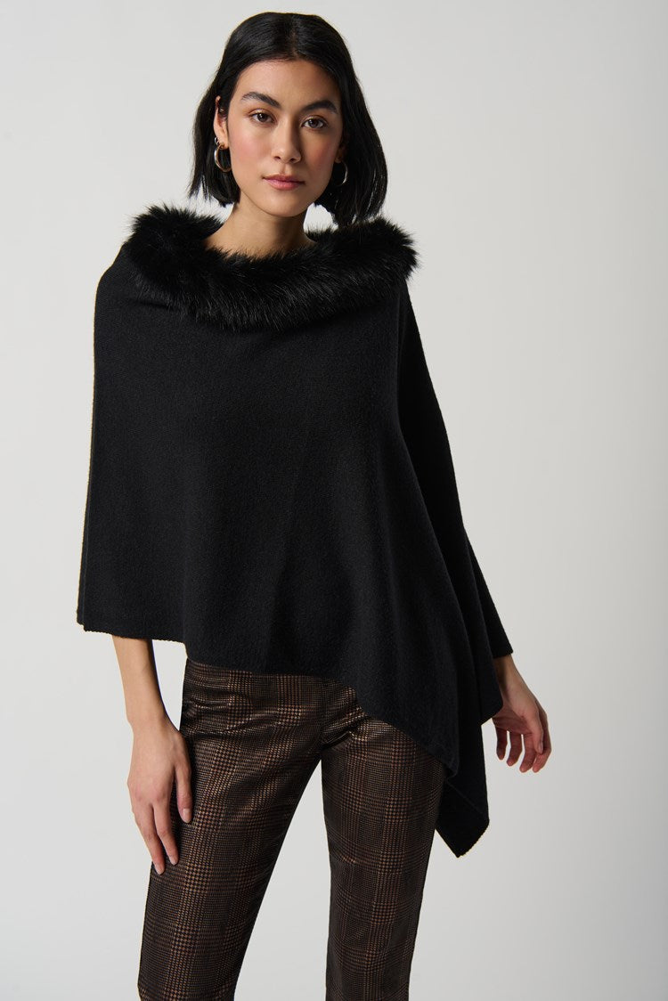 Sweater Knit Poncho With Faux Fur Crewneck In Black 234907