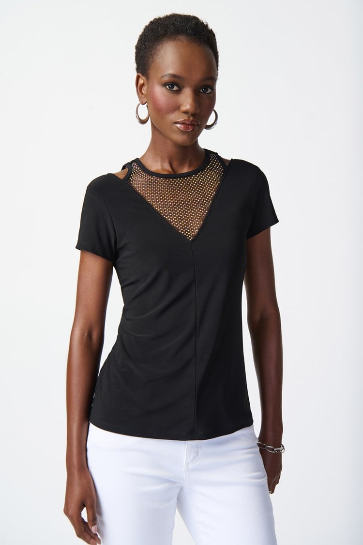 Silky Knit Top with Rhinestone Mesh in Black