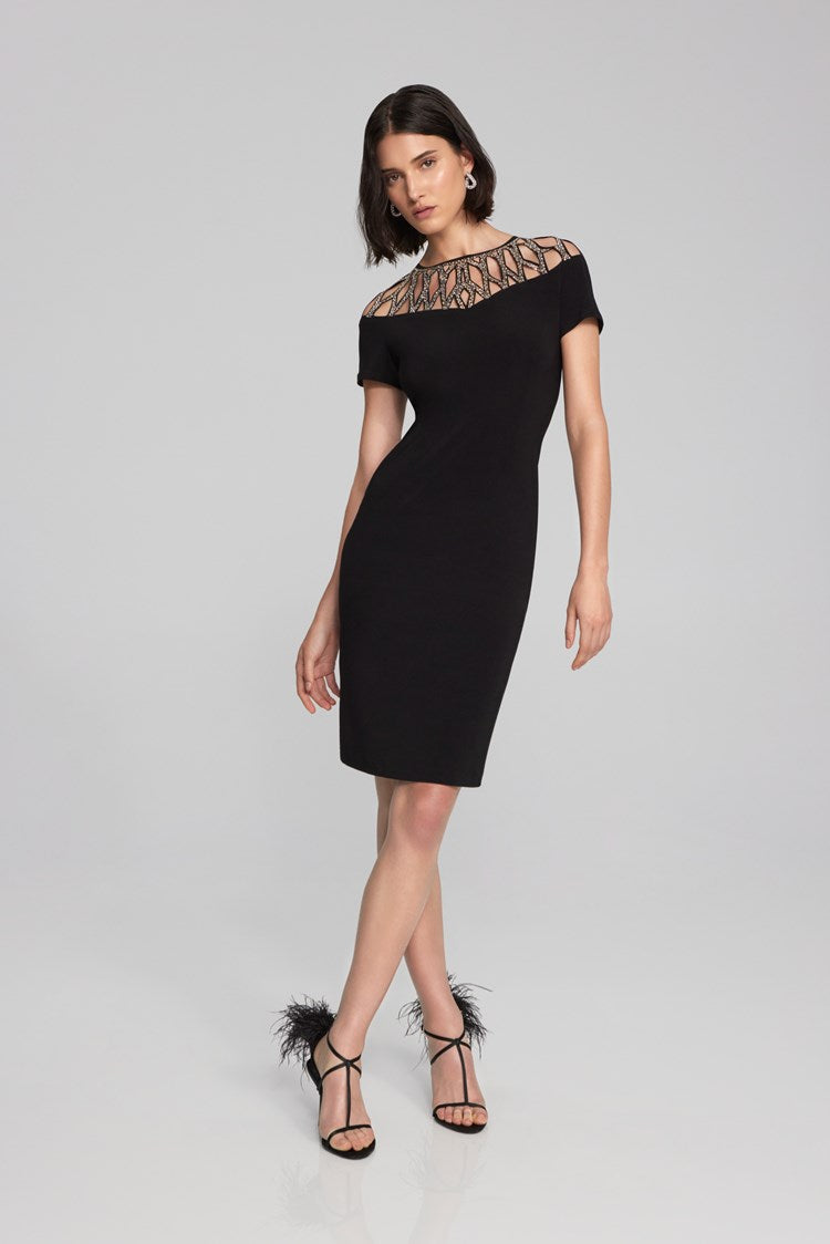 Silky Knit Sheath Dress With Embellished Neckline 241716