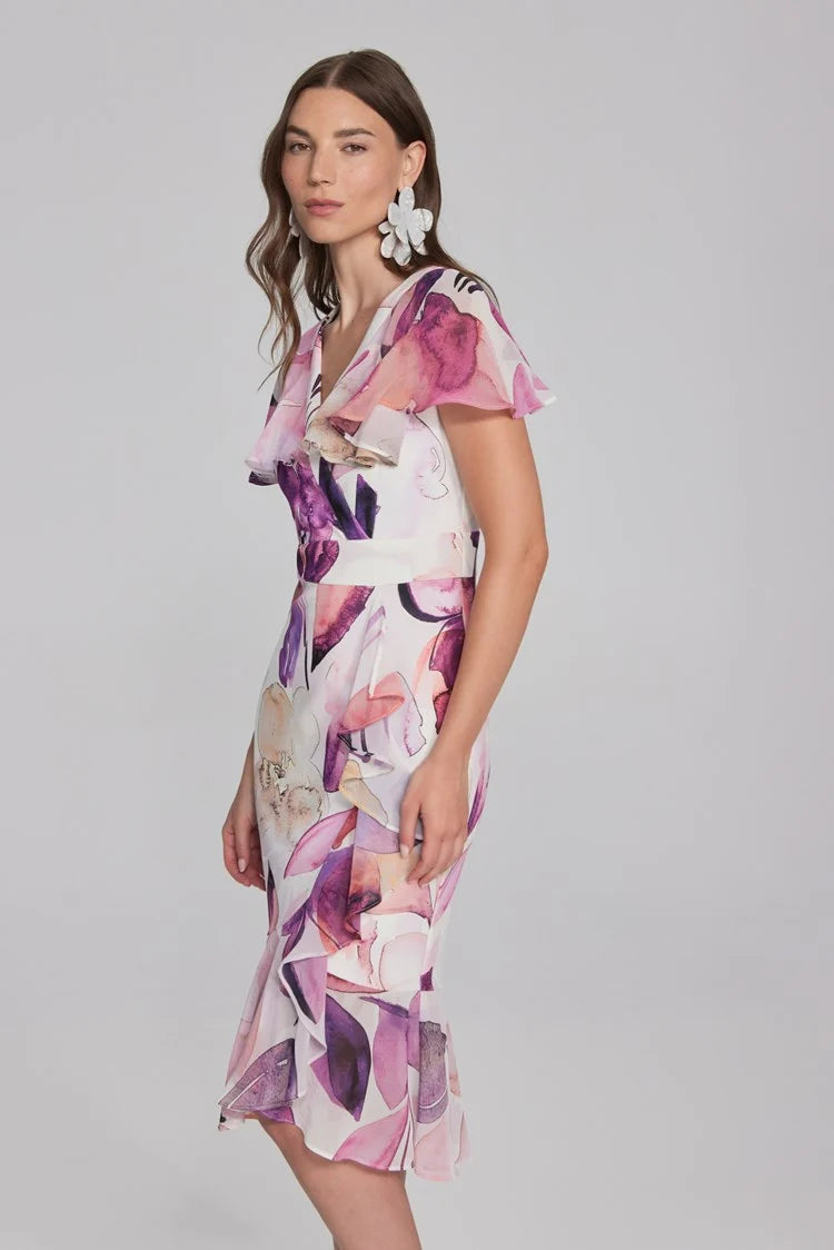 Floral Print Scuba Crepe and Chiffon Dress 241732