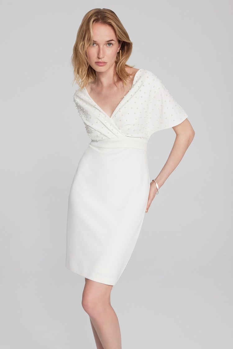 Scuba Crepe Wrap Dress with Pearl Detail in Vanilla 241761