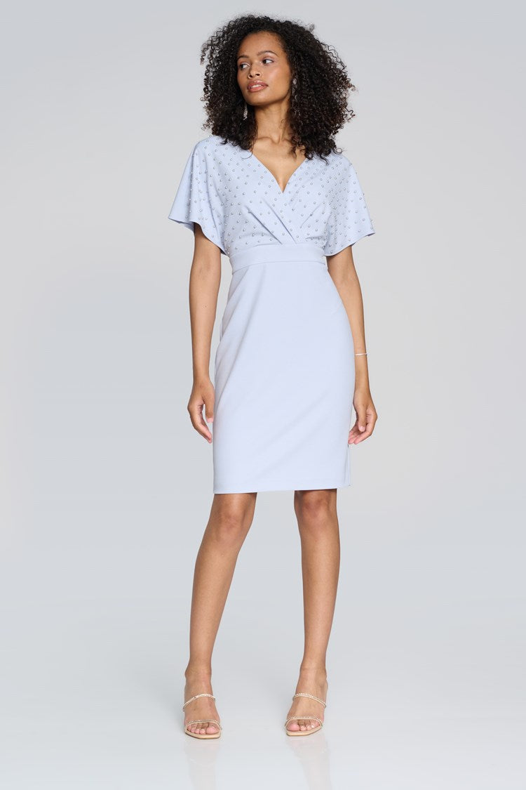 Scuba Crepe Wrap Dress with Pearl Detail in Celestial Blue 241761