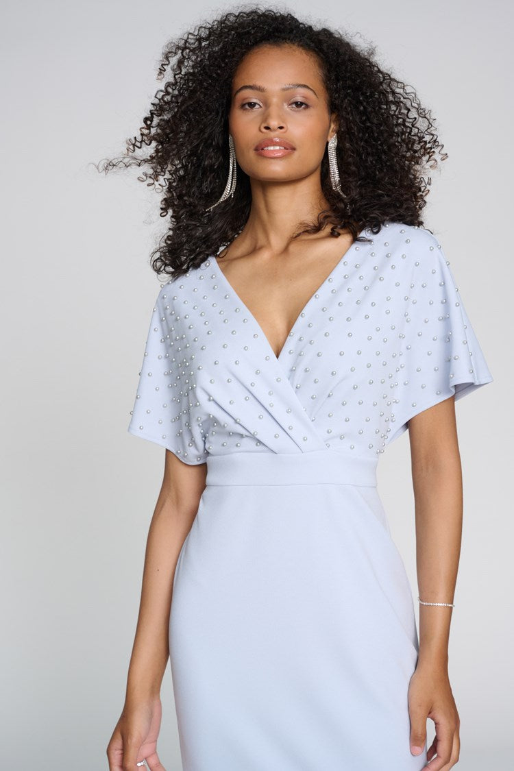 Scuba Crepe Wrap Dress with Pearl Detail in Celestial Blue 241761