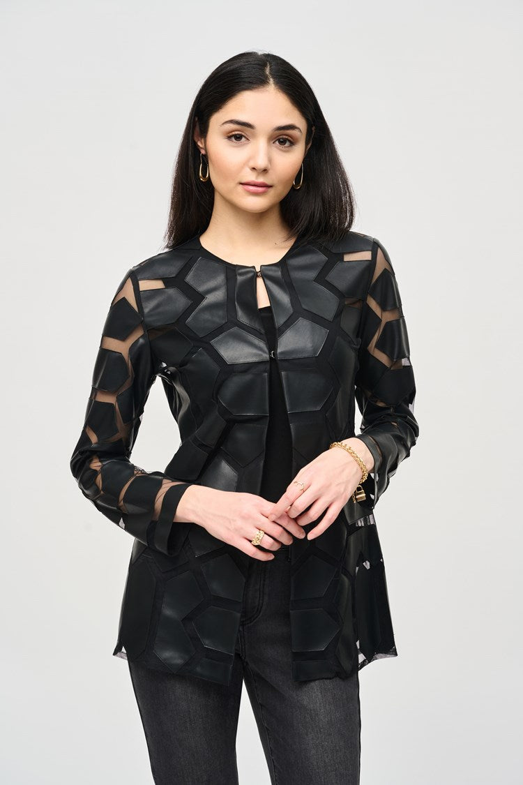 Laser-Cut Leatherette on Mesh Jacket in Black 241905