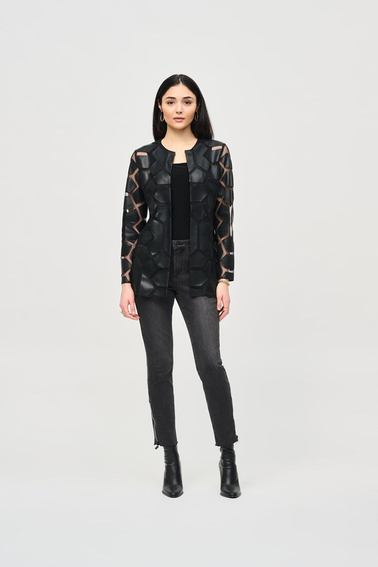 Laser-Cut Leatherette on Mesh Jacket in Black 241905