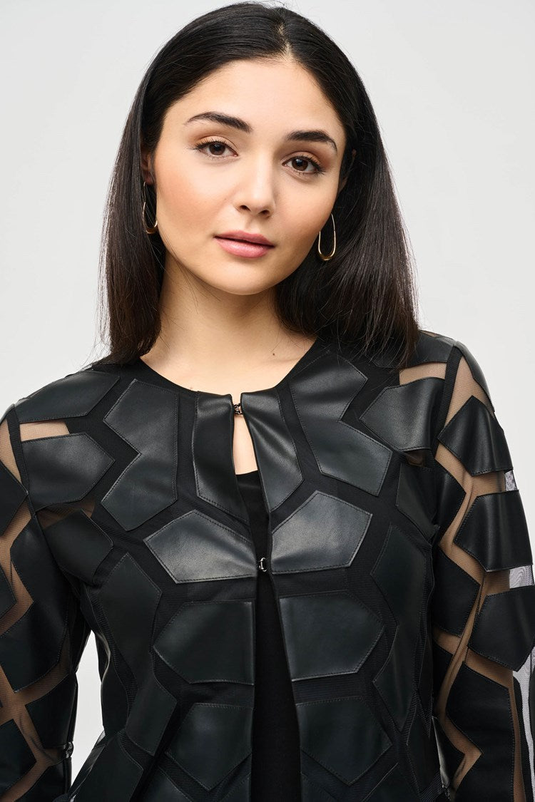 Laser-Cut Leatherette on Mesh Jacket in Black 241905