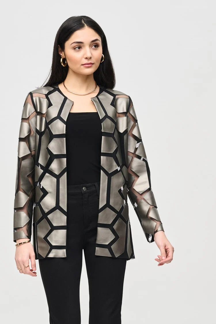 Laser-Cut Leatherette on Mesh Jacket in Gunmetal 241905F24
