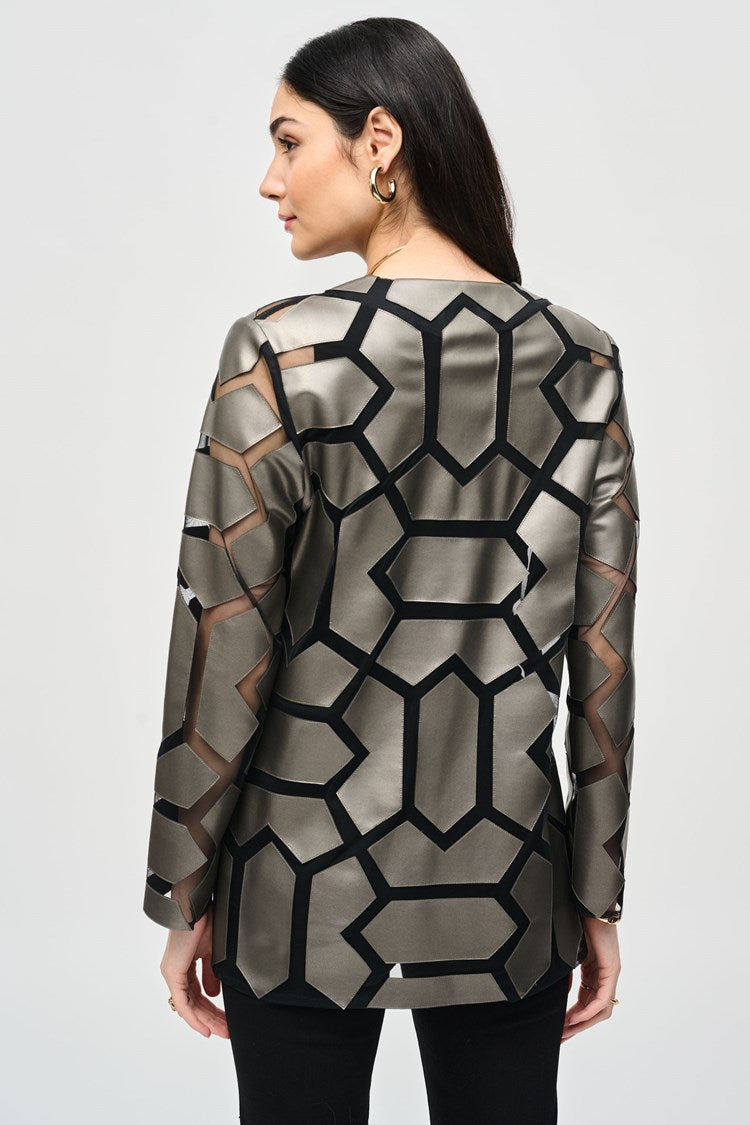 Laser-Cut Leatherette on Mesh Jacket in Gunmetal 241905F24