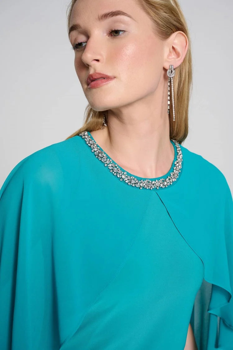 Silky Knit And Chiffon Cape Dress 242731