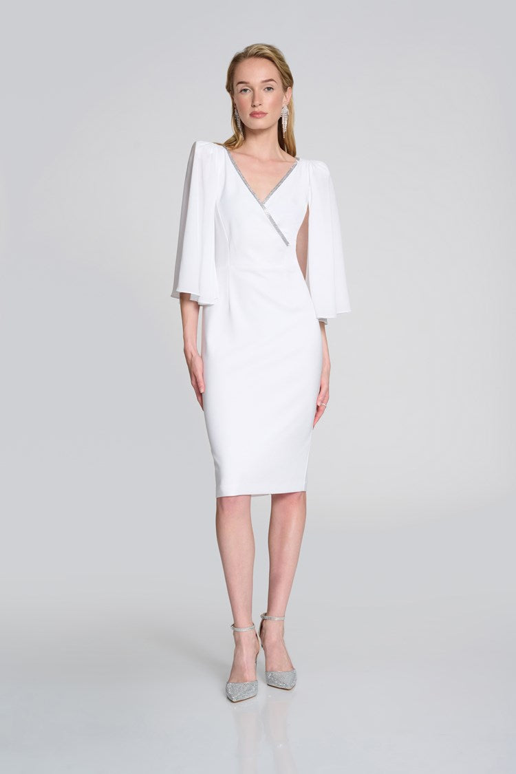 Silky Knit Wrap Dress with Flowy Georgette Sleeves in Vanilla 242732