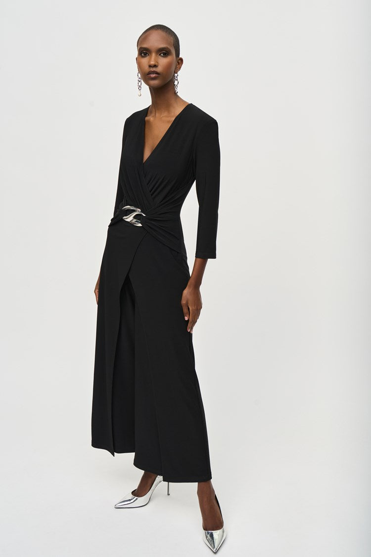 Silky Knit Wrap Jumpsuit in Black 243079