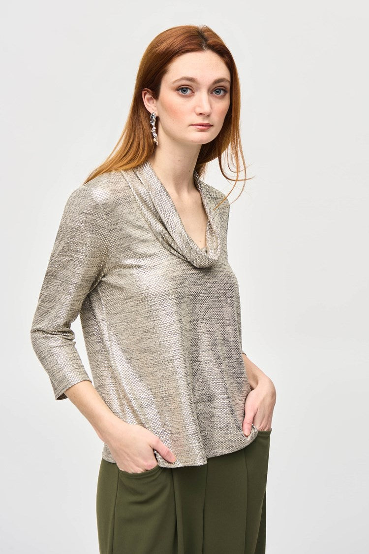 Foiled Knit Cowl Collar Top in Gold 243167