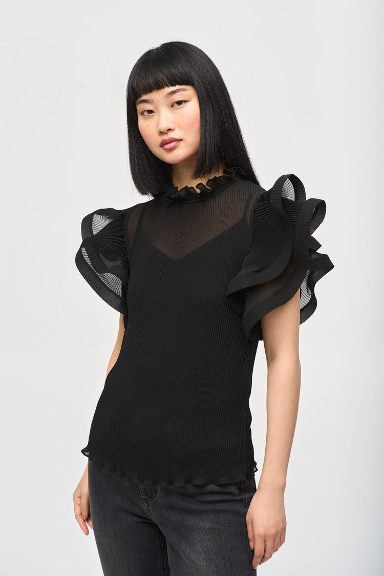 Chiffon Pleated Top With Ruffled Sleeves 243957