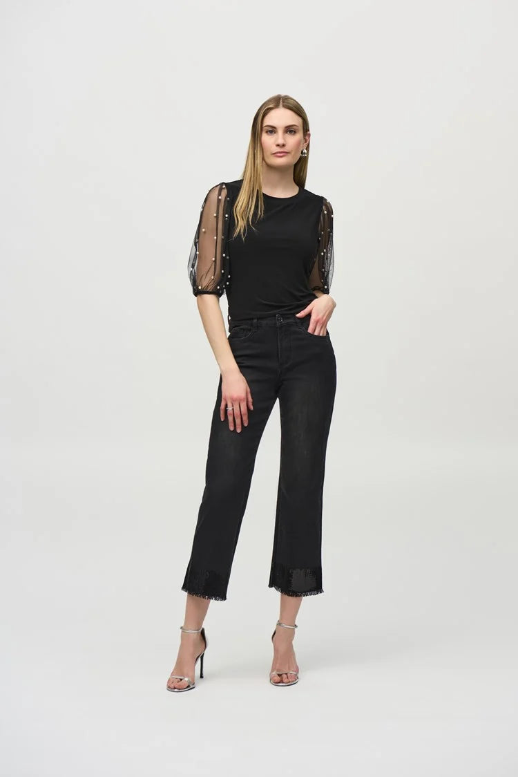 Silky Knit Top With Embellished Mesh Sleeves 244189