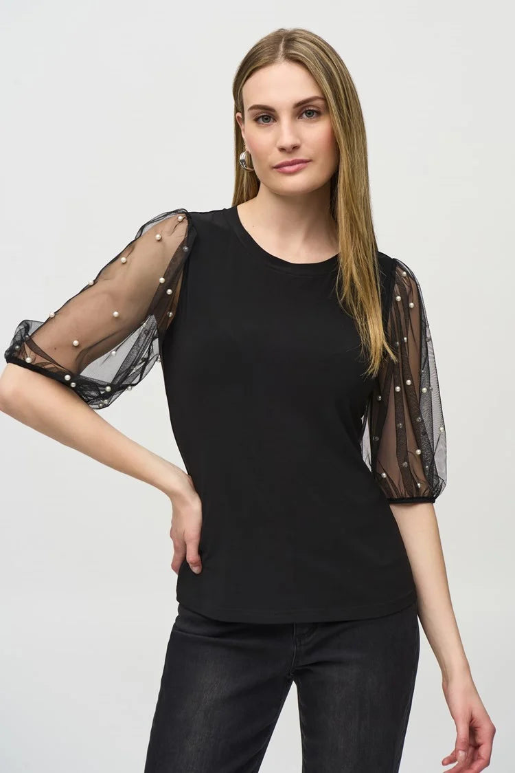 Silky Knit Top With Embellished Mesh Sleeves 244189
